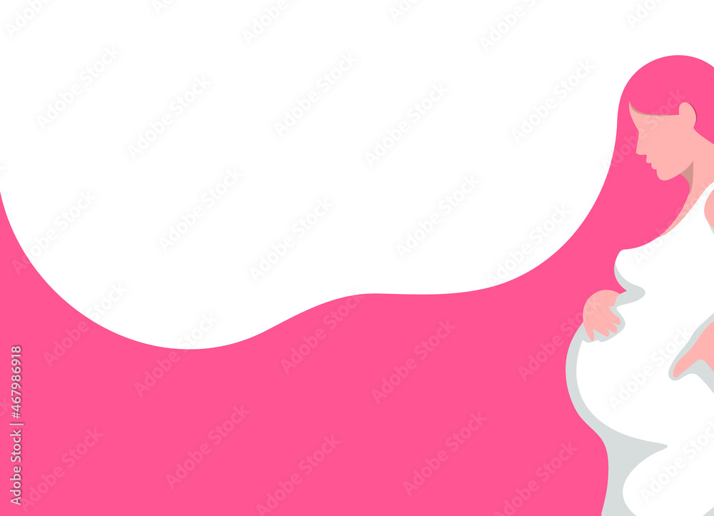 White and pink background, young pregnant woman with a big belly. Concept: site for pregnant women and mothers. Vector illustration, flat cartoon minimal design isolated on white background, eps 10. White and pink background, young pregnant woman with a big belly. Concept: site for pregnant women and mothers. Vector illustration, flat cartoon minimal design isolated on white background, eps 10.
