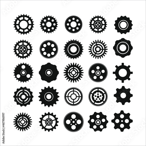 Big set of different gears, black color, flat minimal design, top view, isolated on white background. Vector illustration, eps 10.
