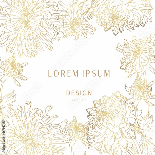 Golden greeting, invitation card template design with line Chrysanthemum flowers with hand drawn doodle graphics on white background.