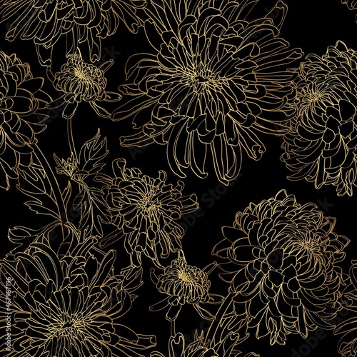 Seamless pattern with a golden Japanese Chrysanthemum Flowers natural ornament. Tropical vintage Chrysanthemum Flowers on black background. Exotic asian wallpaper.