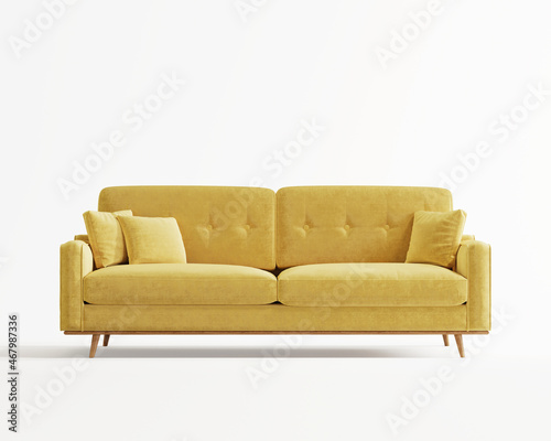 3d rendering of an isolated modern yellow tufted mid century cosy lounge sofa 