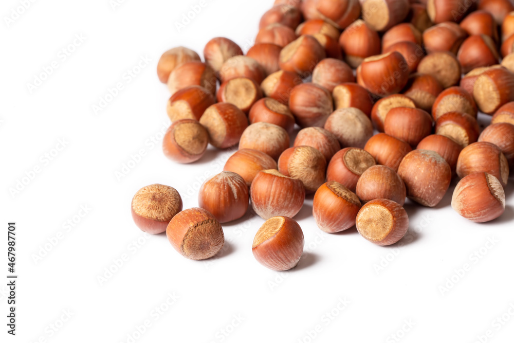Shelled hazelnuts on the white background Shelled hazelnuts on the white background
