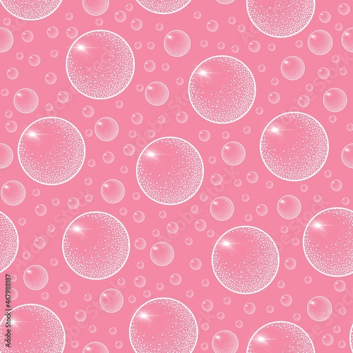 Light soap bubbles of different sizes on a pink background , seamless pattern © Nat