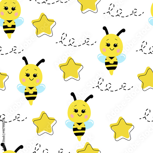 Seamless pattern, cute bees. Nature, flowers, yellow. Design for textiles, books, postcards, notebooks. Printing on fabric. The concept of ecology, eco-products.