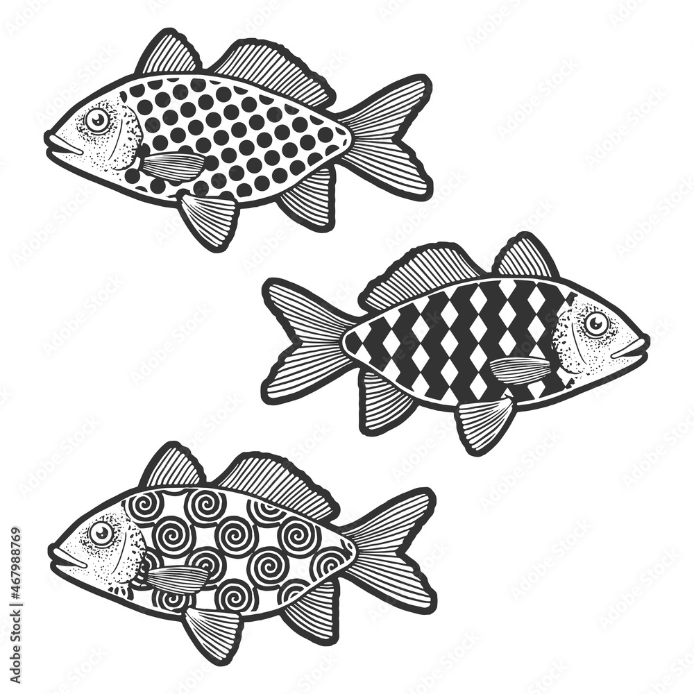 Fish set with abstract pattern sketch engraving vector illustration. T-shirt apparel print design. Scratch board imitation. Black and white hand drawn image.