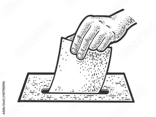 hand throws a ballot paper for elections sketch engraving vector illustration. T-shirt apparel print design. Scratch board imitation. Black and white hand drawn image.