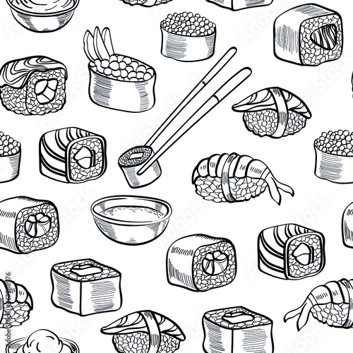 Suchi rolls, asian food, seafood, hand drawn vector seamless pattern isolated on bright background. Concept for menu, cards, print