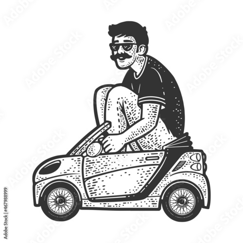 Adult man ride small car sketch engraving vector illustration. T-shirt apparel print design. Scratch board imitation. Black and white hand drawn image.