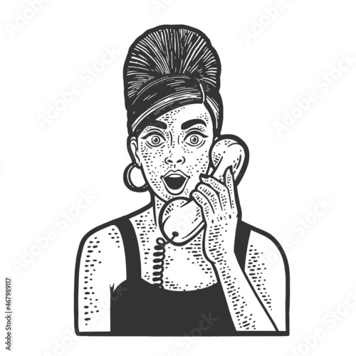 old fashioned surprised girl talking on the phone sketch engraving vector illustration. T-shirt apparel print design. Scratch board imitation. Black and white hand drawn image.