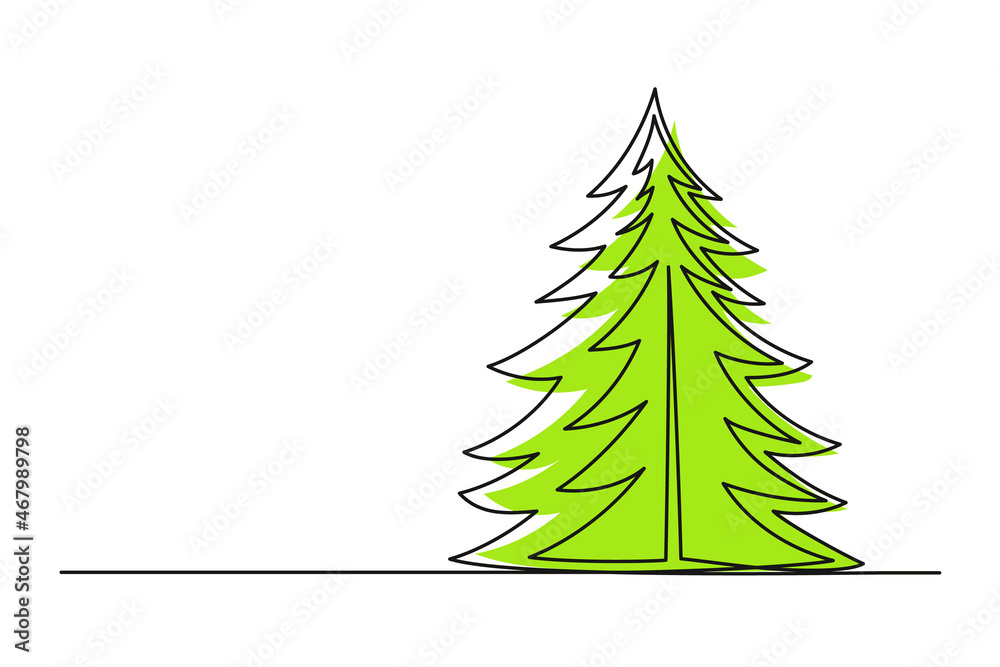 Obraz premium Continuous one line drawing of the Christmas tree. Christmas tree of green color isolated on white background. Vector illustration