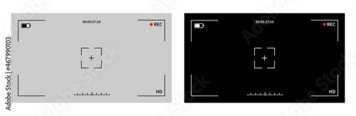 Camera viewfinder set vector.Recorder cam display, viewfinder ui for camera. Video camera focusing screen on grey and black background.Vector illustration