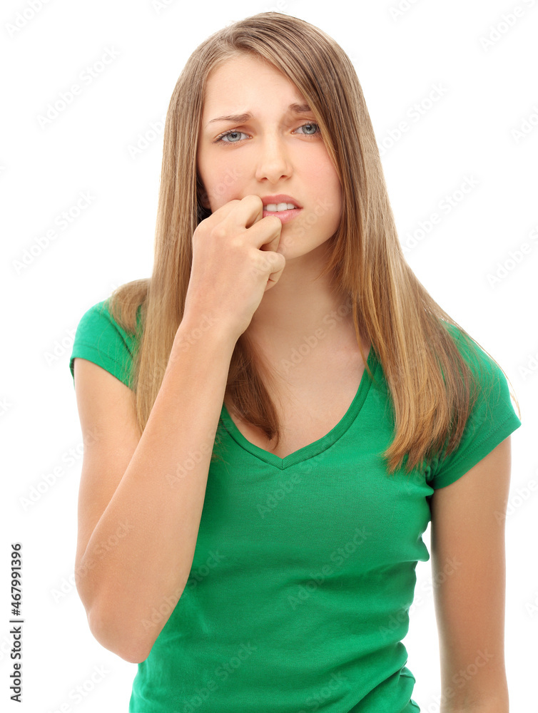 Portrait of worried young woman with her hand on forehead. Portrait of worried young woman with her hand on forehead.