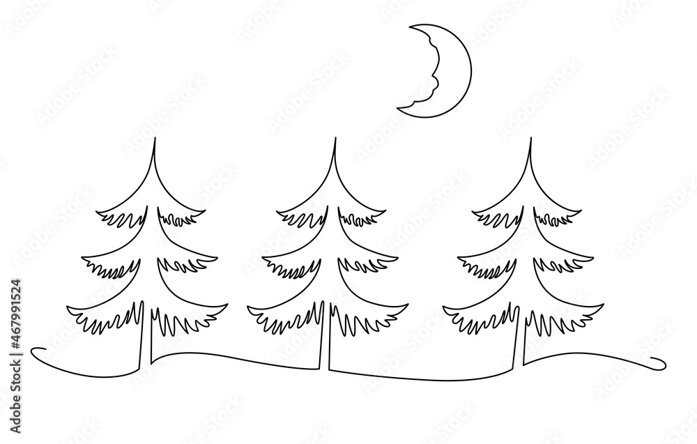 Christmas trees with a moon. New Year forest. Festive mood, humor. Continuous line drawing. Vector illustration. Isolated on white background