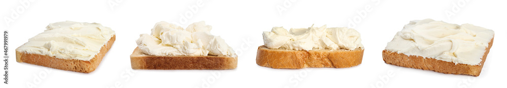 Bread with cream cheese on white background, collage. Banner design