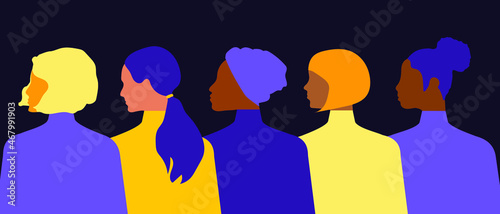 Postcard template with women of different nationalities and religions in flat style. Modern women are fighting for equal rights. Purple and yellow in graphic design. Vector.