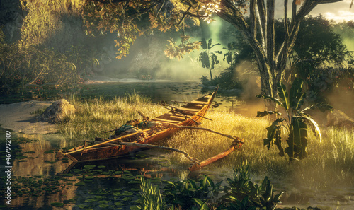 A concept of prehistoric landscape with native boat, pristine forest and adventurous travel. 3d rendering.