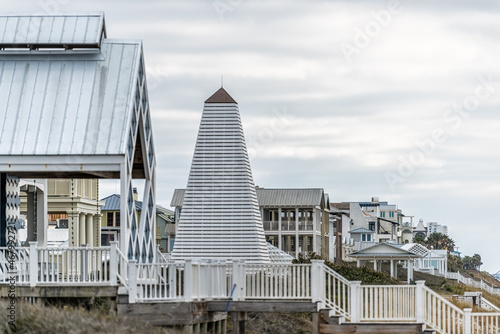 Seaside Florida cityscape of town with wooden pavilion tower new urbanism architecture on beach ocean with coastline in Florida