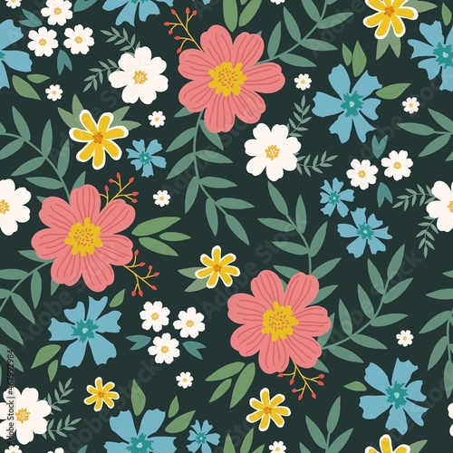 Seamless floral pattern. Fashionable background of pink, white and blue flowers and green leaves. flowers scattered on a dark green background. Stock vector for printing on surfaces and web design.