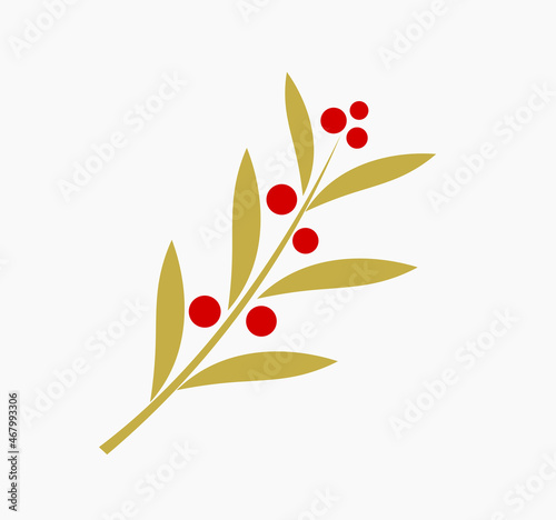 Christmas mistletoe gold branch with red berries.