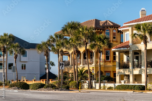 Miramar beach city town near Destin, Florida panhandle gulf of mexico with luxury colorful multicolored yellow beachfront houses photo