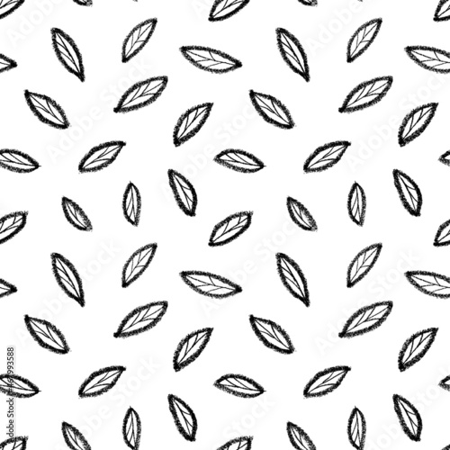 Grunge leaves with veins vector seamless pattern. Hand drawn black ink foliage with rough edges. Olive or basil leaves, monochrome modern ornament. Black ink texture with foliage. 