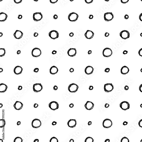 Polka dot vector seamless pattern. Grunge round black shapes.  Hand drawn rough round frames or bubbles. Big and small circles repeating background. Geometric monochrome pattern for wrapping paper.