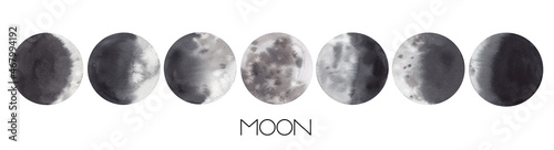 Watercolor Set of moon phases. Different phases of the moon on a white background. A symbol of a new beginning, a dream, fantasy, magic. Hand drawn moon watercolor illustration.
