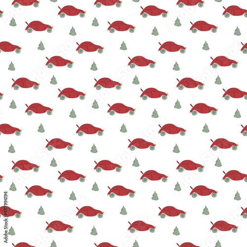 Merry Christmas seamless pattern with retro red car and xmas fir tree for wallpaper, tradition xmas tradition gift paper, postcards and stickers