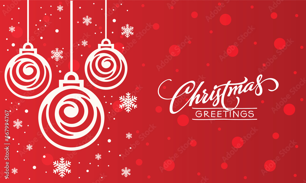 Merry christmas card with hanging balls decoration on a red background.