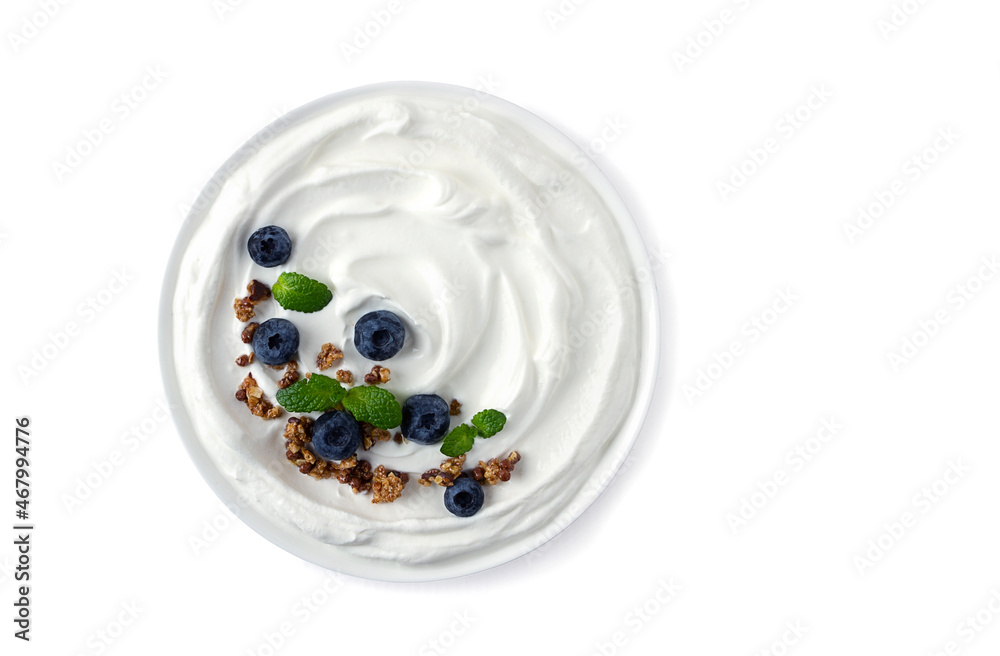 Yogurt with blueberries, granola and mint, top view, food background , close up, macro, Yogurt with blueberries, granola and mint, top view, food background , close up, macro,