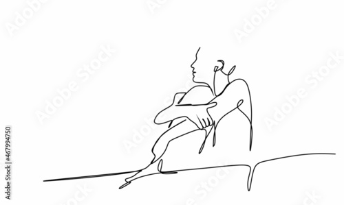 continuous drawing a young woman sits and presses her knees to her chest depression of loneliness, depression of spirit. A concept with mental disorders