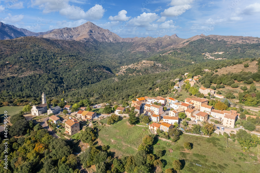 Aerial view of Olmi Cappella village, Corsica