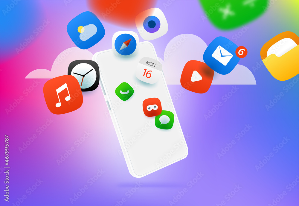 Using different internet applications via modern smart phone. Vector concept Using different internet applications via modern smart phone. Vector concept