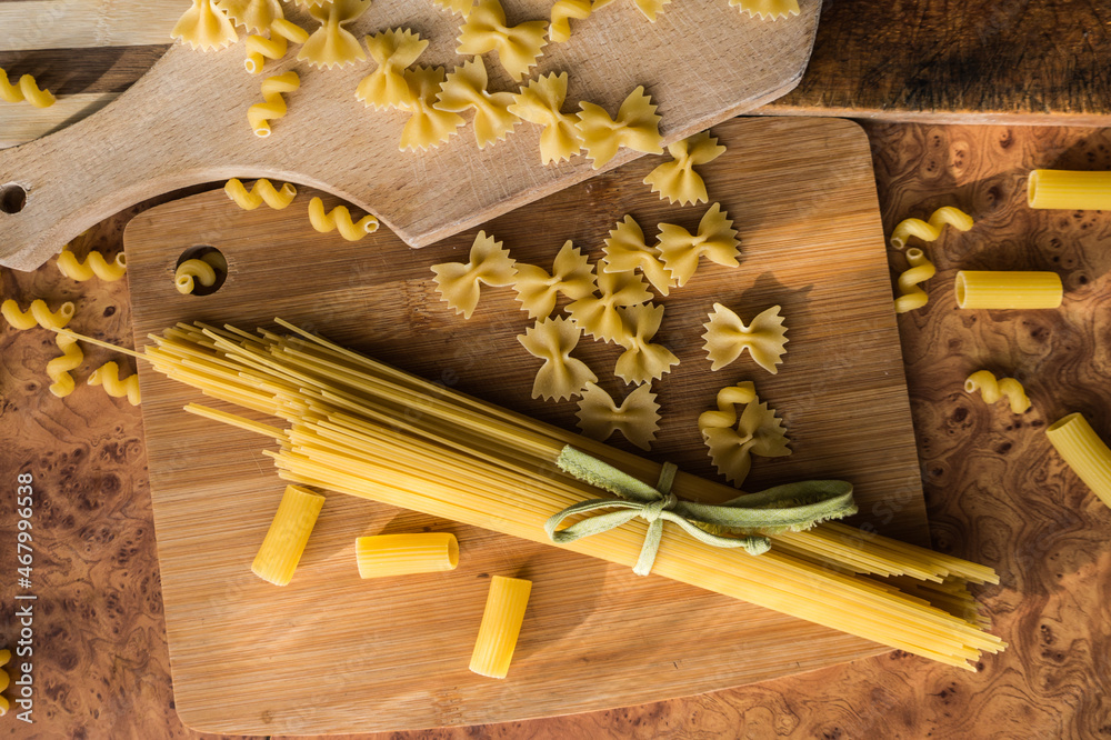 Different types of pasta Cellentani, Tortiglioni, Farfalle, spaghetti