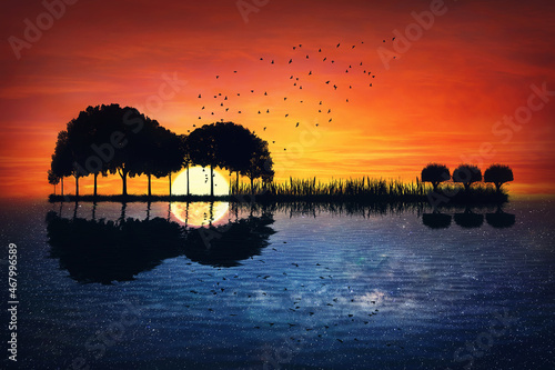 Guitar island equinox  surreal seascape, day reflecting into night, sunset against starry sky background. Magical scene with trees on an isle grow in shape of a music instrument reflected into water © psychoshadow