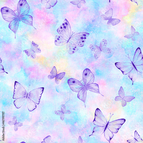 Seamless botanical summer pattern with colorful watercolor butterflies