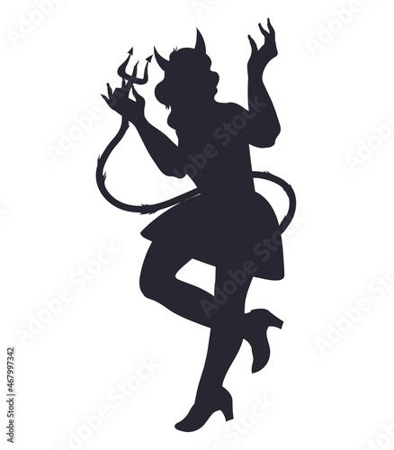Halloween witch devil woman black silhouette with horns and tail, flat vector illustration isolated on white background. Black contour of woman in Halloween carnival  costume.