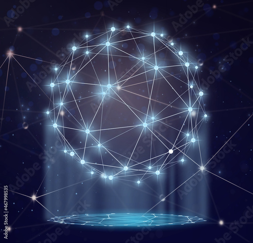 Futuristic technology mesh polygonal shape of circle global with lines and dots and shadow over the blur bokeh background, business technology and network connections concept