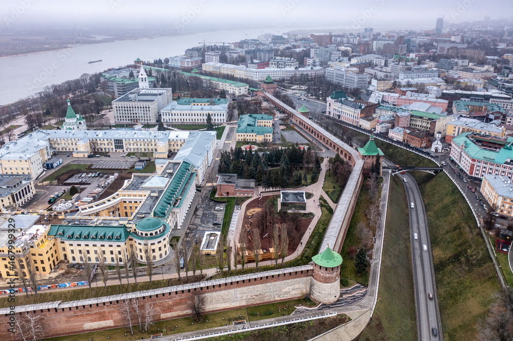 a panoramic view from a drone of the old part of the city with the Kremlin of Nizhny Novgorod on a cloudy autumn day 