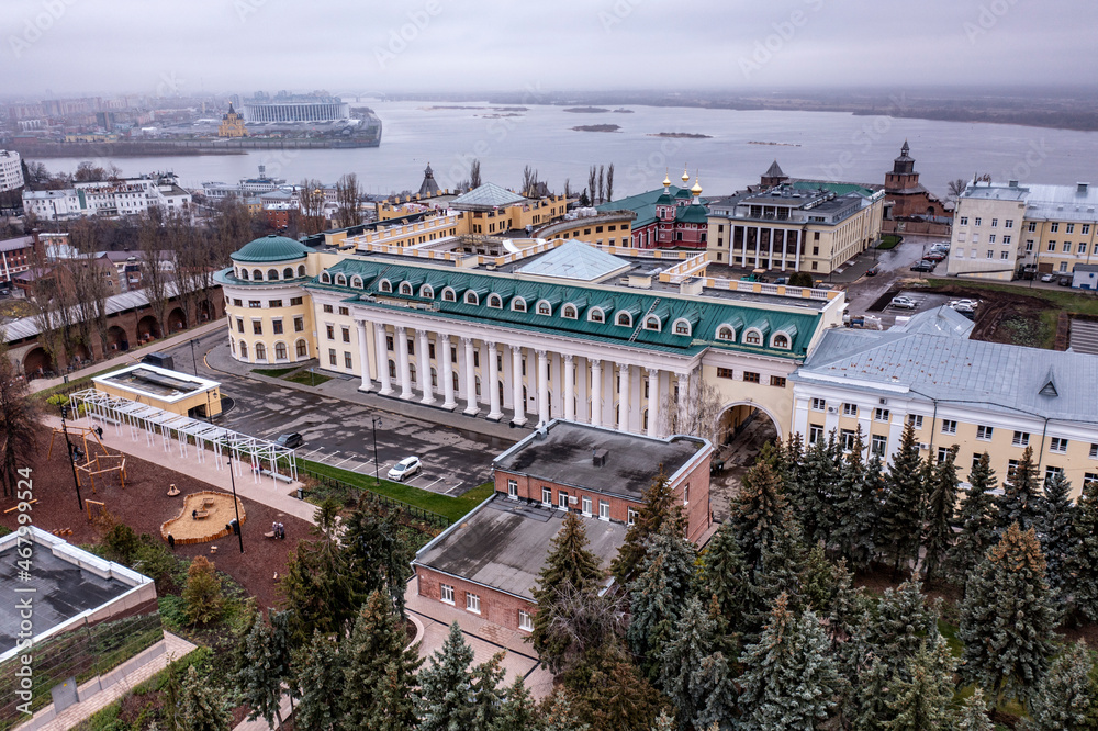 Fototapeta premium a panoramic view from a drone of the old part of the city with the Kremlin of Nizhny Novgorod on a cloudy autumn day 