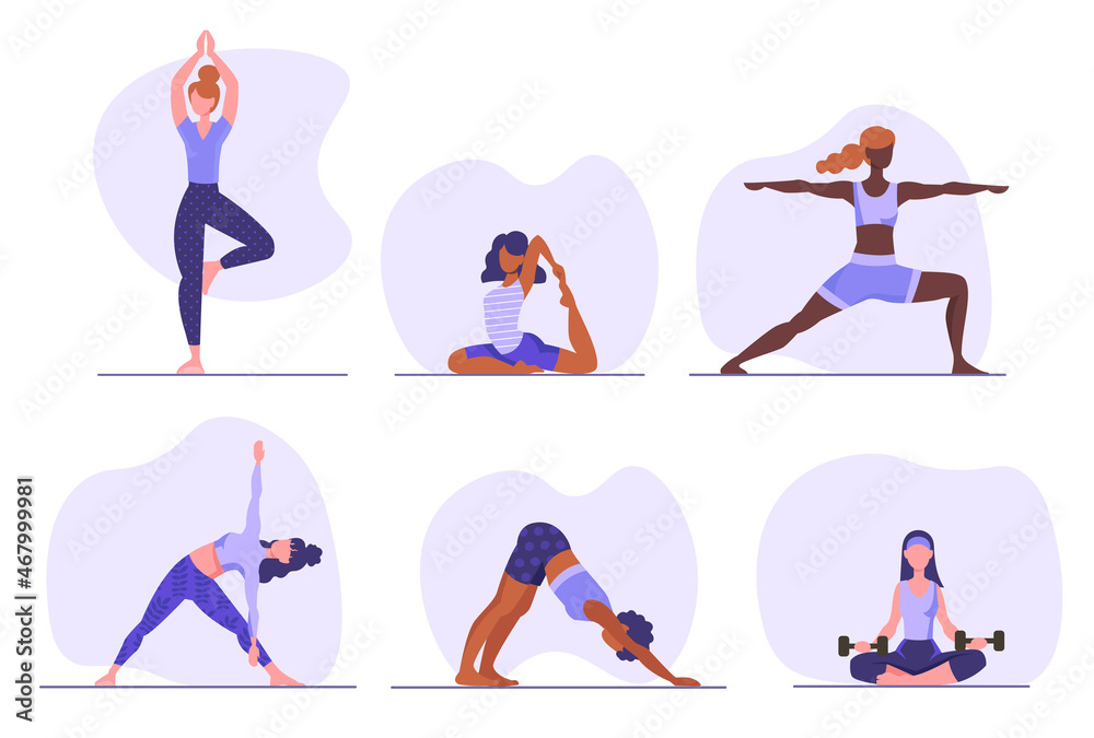 Set of women doing yoga