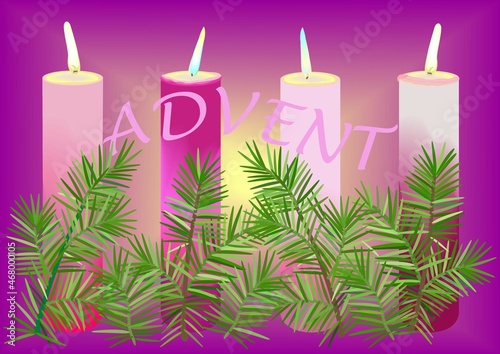 Advent candles decorated with fir tree twigs, a banner