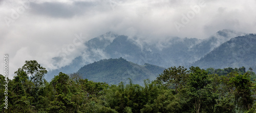 Panorama of the mountains near Paraty in the fog.