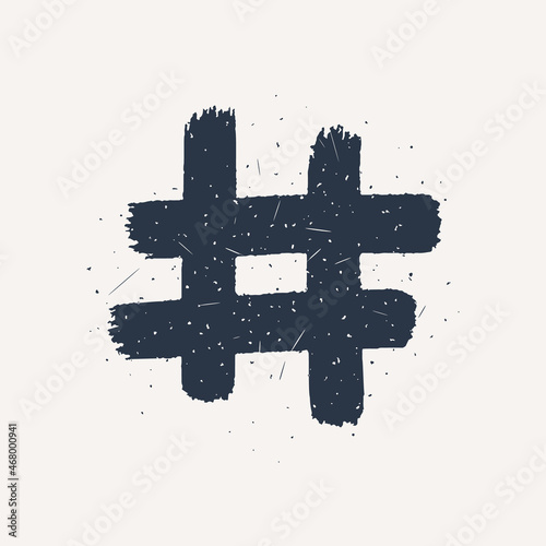 Hashtag, vector ink painted tag icon on white background. Hand Drawn vector illustration.