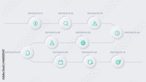 Neumorphic flow chart infographic. Creative concept for infographic with 10 steps, options, parts or processes.