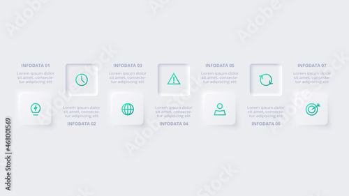 Neumorphic flow chart infographic. Creative concept for infographic with 7 steps, options, parts or processes.