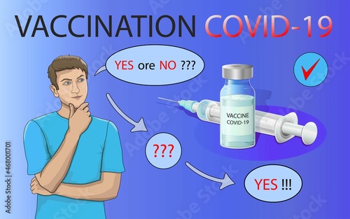 Medicine and health. Vaccination and vaccinations. A person is thinking about whether to get vaccinated against covid-19 coronavirus pandemic. Medical posters.