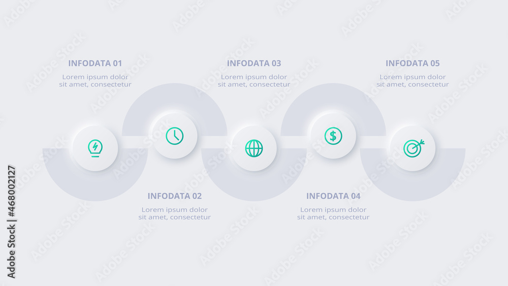 Neumorphic flow chart infographic. Creative concept for infographic with 5 steps, options, parts or processes. Neumorphic flow chart infographic. Creative concept for infographic with 5 steps, options, parts or processes.