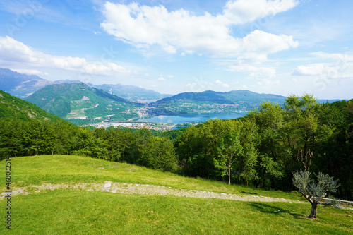 View from the Abbey of San Pietro al Monte with Lake Annone, Lombardy, Italy