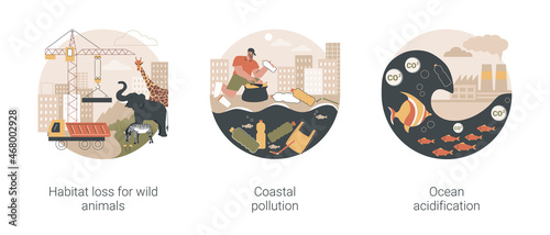 Environmental change abstract concept vector illustration set. Habitat loss for wild animals, coastal pollution, ocean acidification, wildlife loss, beach area clean up, toxic waste abstract metaphor.
